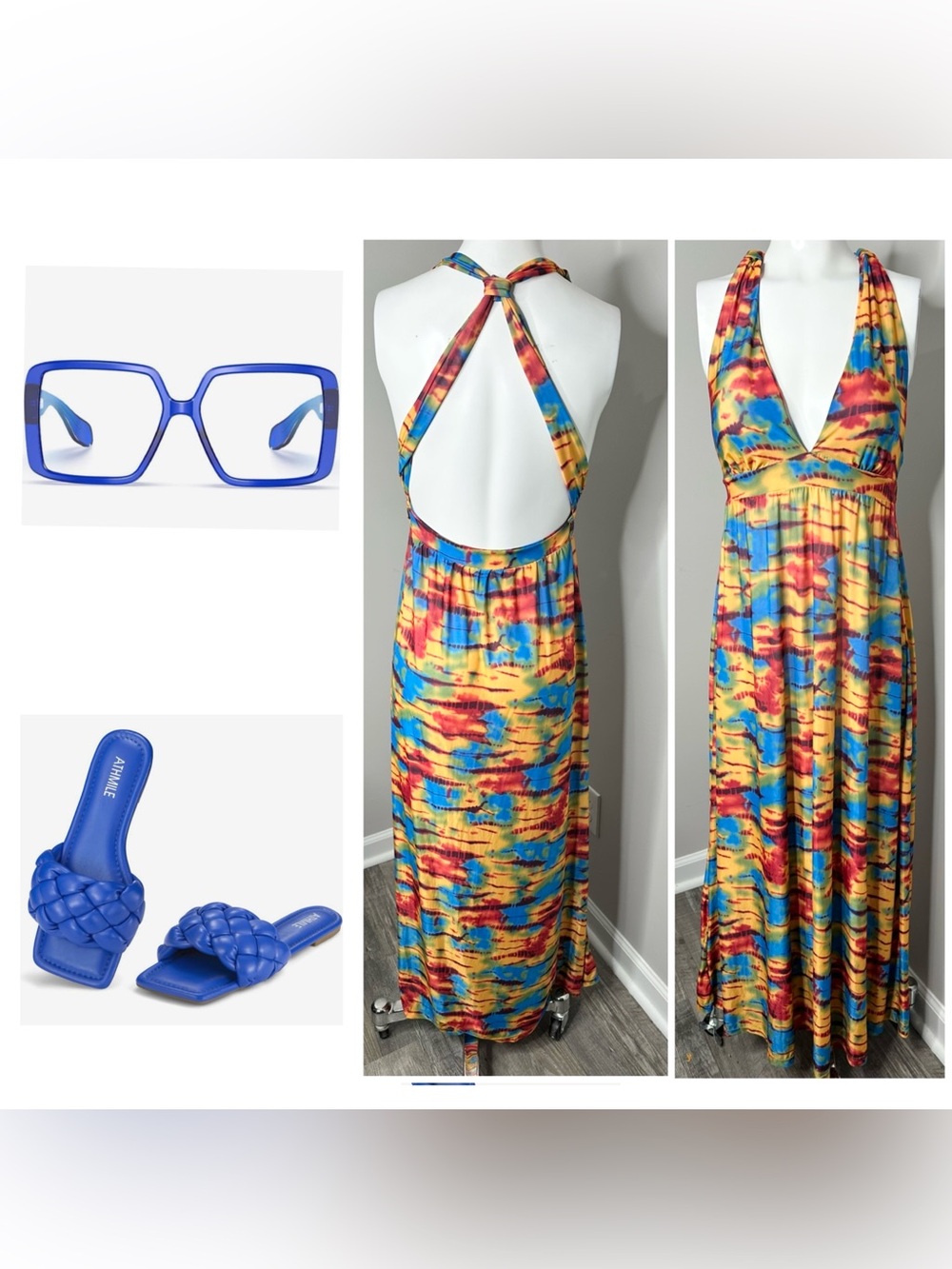 Apple Bottoms Multicolor Halter Maxi Dress - Blue Yellow Red- small